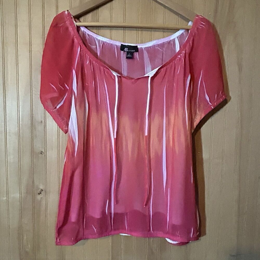 AB Studio Blouse Shirt Womens Large Sheer Relax Striped Red White Orange